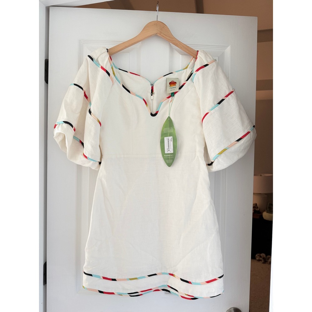 FARM Rio Stripe Trim Puff Sleeve Linen Minidress NWT Boho
